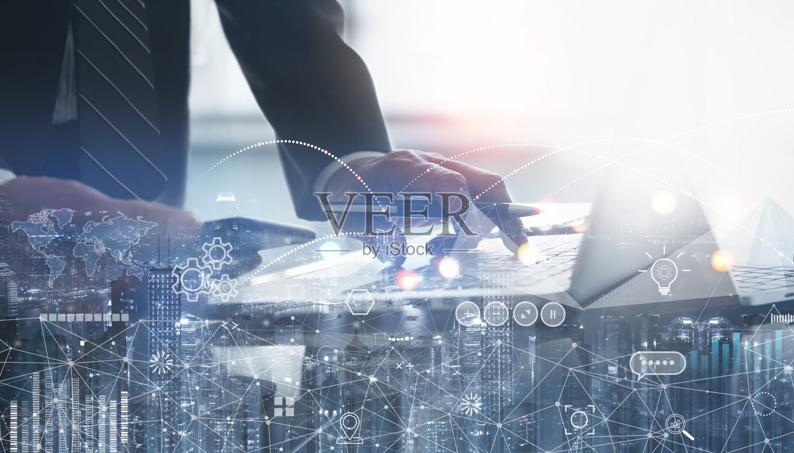 双曝光商人连接互联网和智慧城市的科技图标，网络连接，全景照片摄影图片