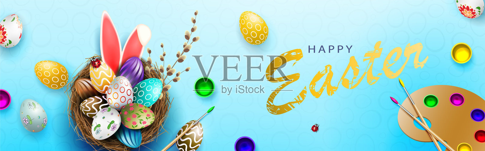 巢里有复活节彩蛋的蓝色组合插画图片素材