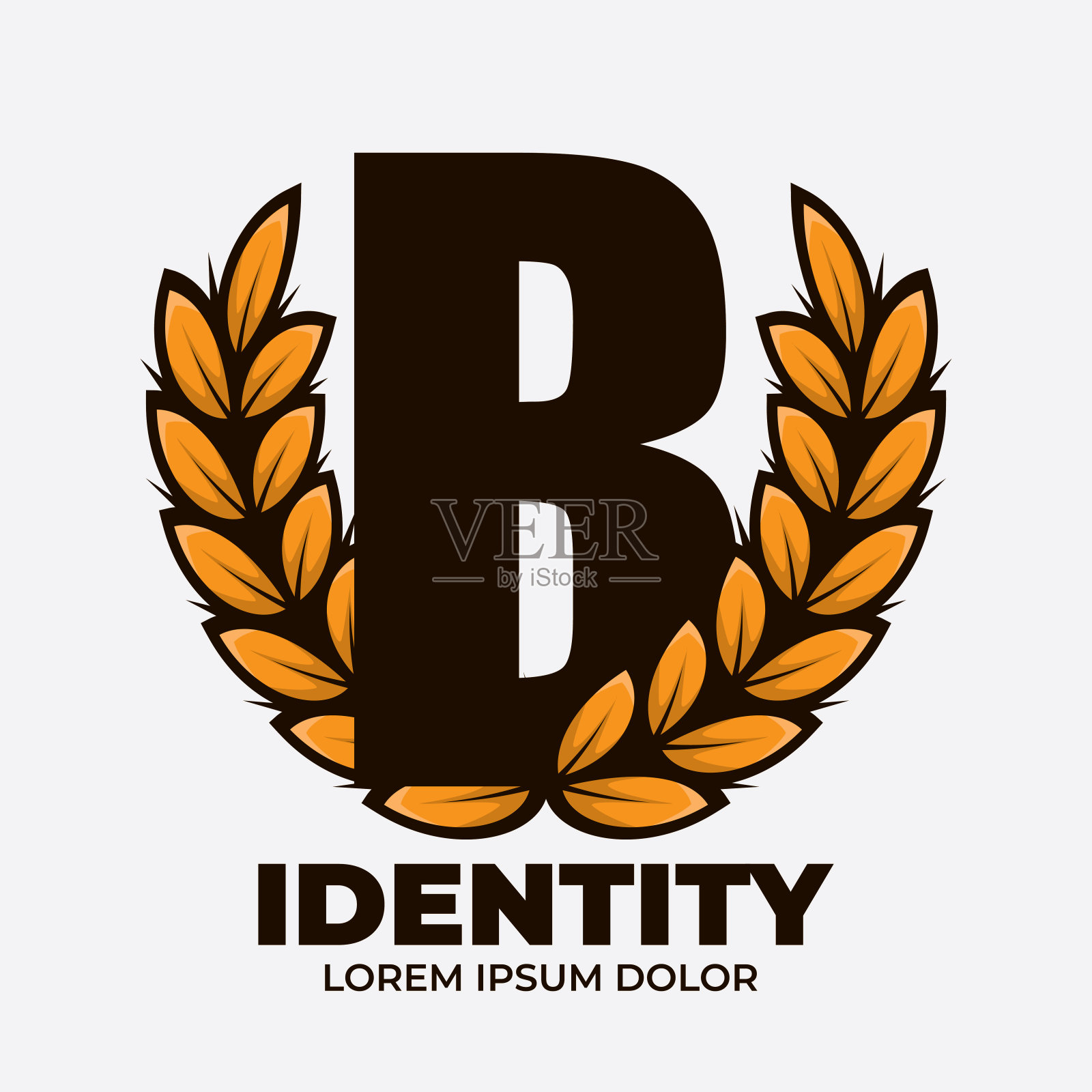 字母B月桂花冠纹章元素，复古风格孤立在白色背景插画图片素材