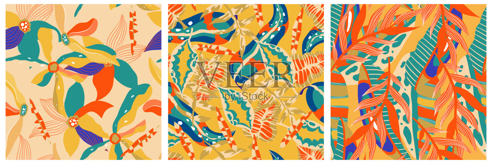 美学波西米亚丛林无缝图案集印刷设计。波西米亚植物收集热带花卉背景。现代异域花卉丛林模式。几何结构。印刷设计插画图片素材