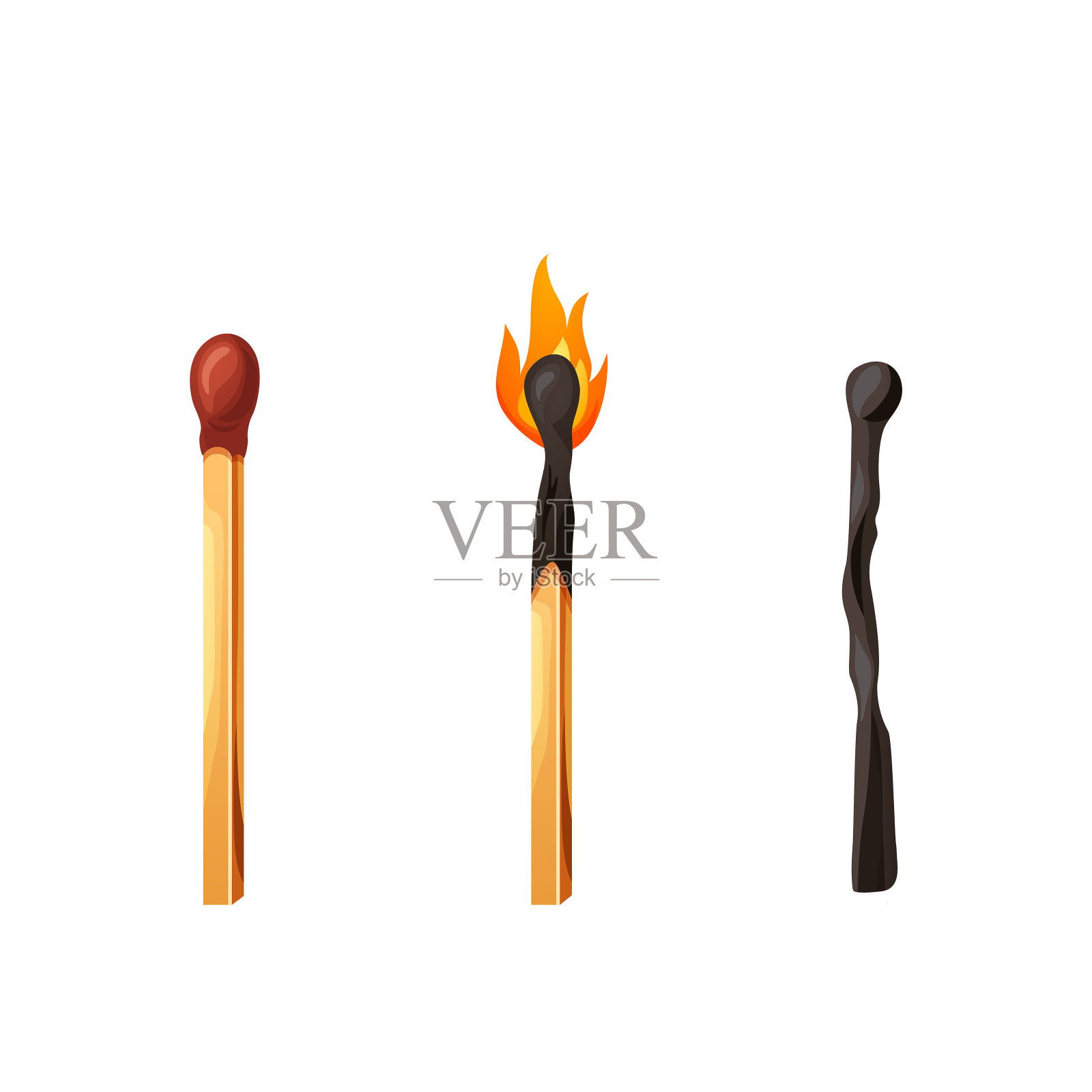 用火点燃火柴棒。整个，点燃火柴。卡通安全隔离在白色背景。向量组设计元素图片