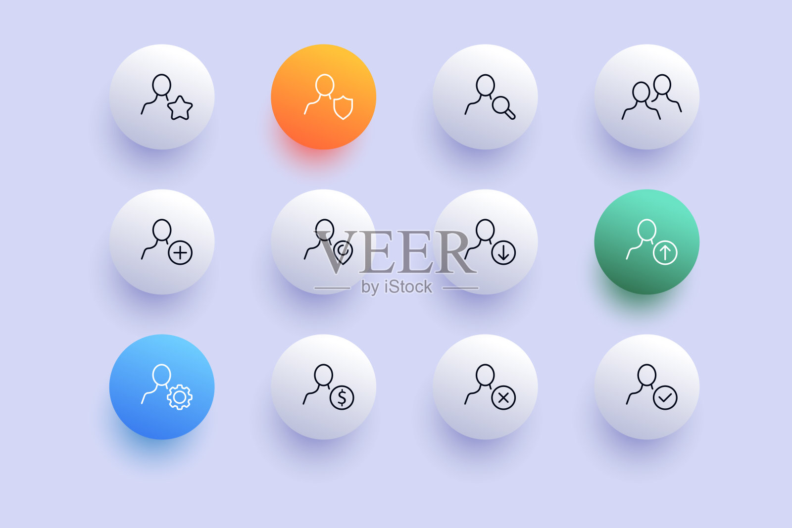 按钮图标。有星，盾，加上，指针，箭头，刻度，十字，装备，美元，付费。数据集的概念。新生变形样式。矢量线图标的业务和广告图标素材