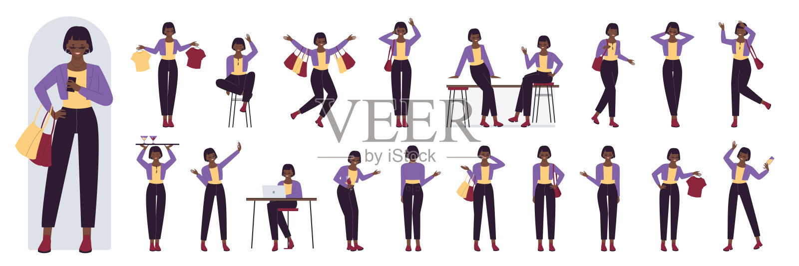 生活方式和姿势的年轻黑人女孩设置，黑发女郎坐在酒吧的椅子上与鸡尾酒插画图片素材