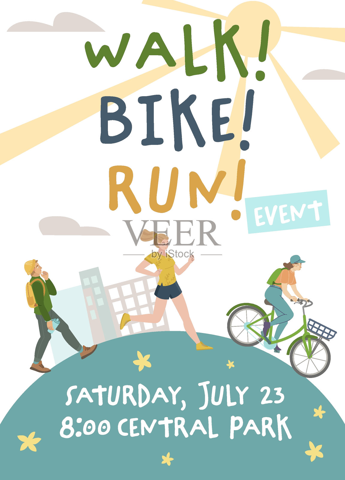 走路。自行车。乐趣。垂直的海报。矢量图插画图片素材