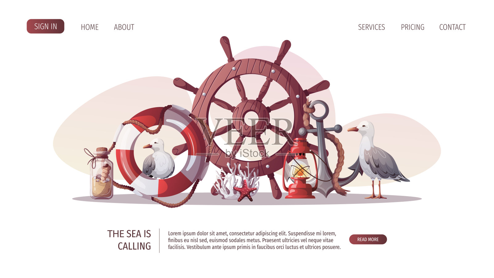 船舶方向盘、锚、救生圈、沙瓶、海鸥、贝壳。插画图片素材