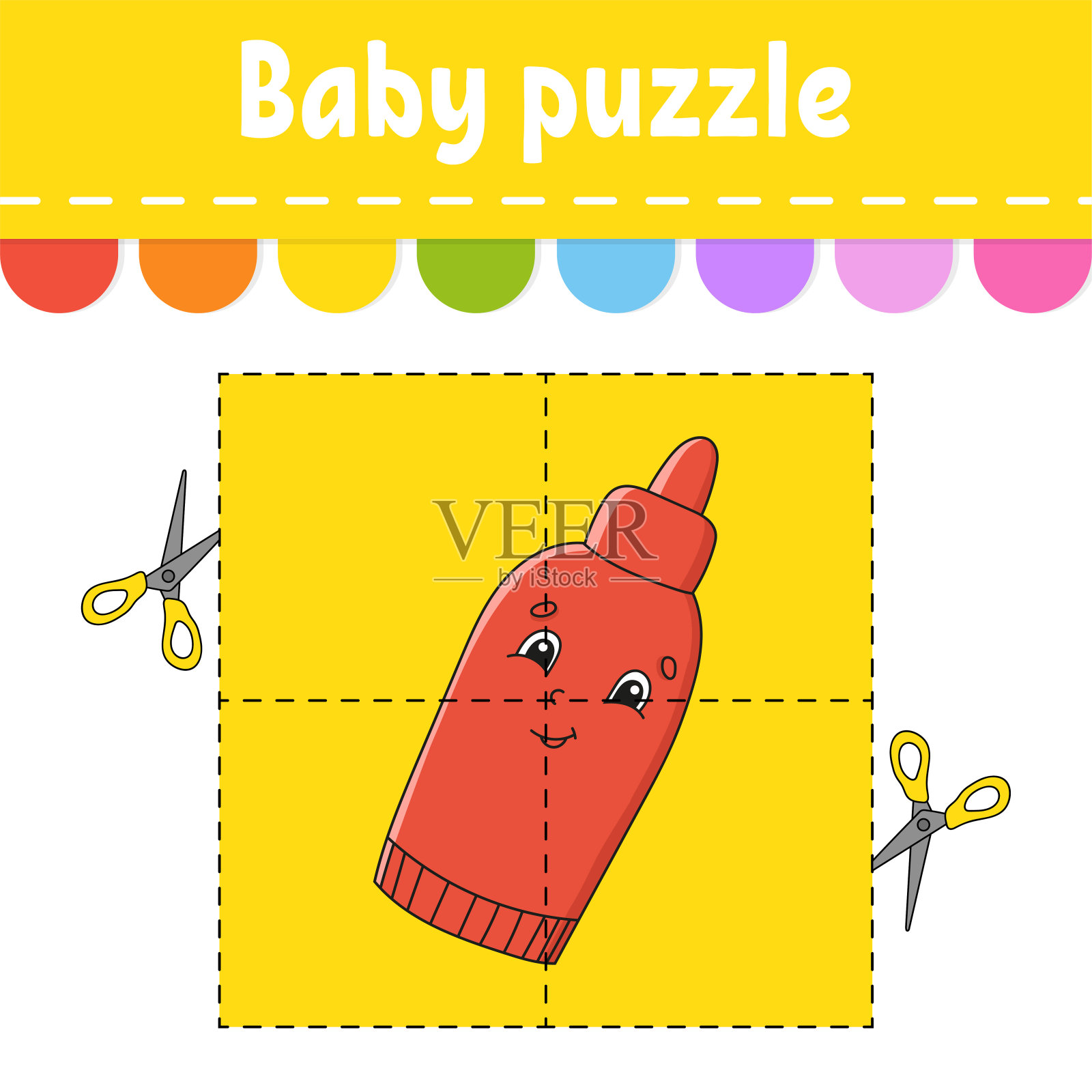 婴儿难题。简单的水平。卡片。剪切和玩。颜色活动工作表。游戏对孩子们。卡通人物。插画图片素材
