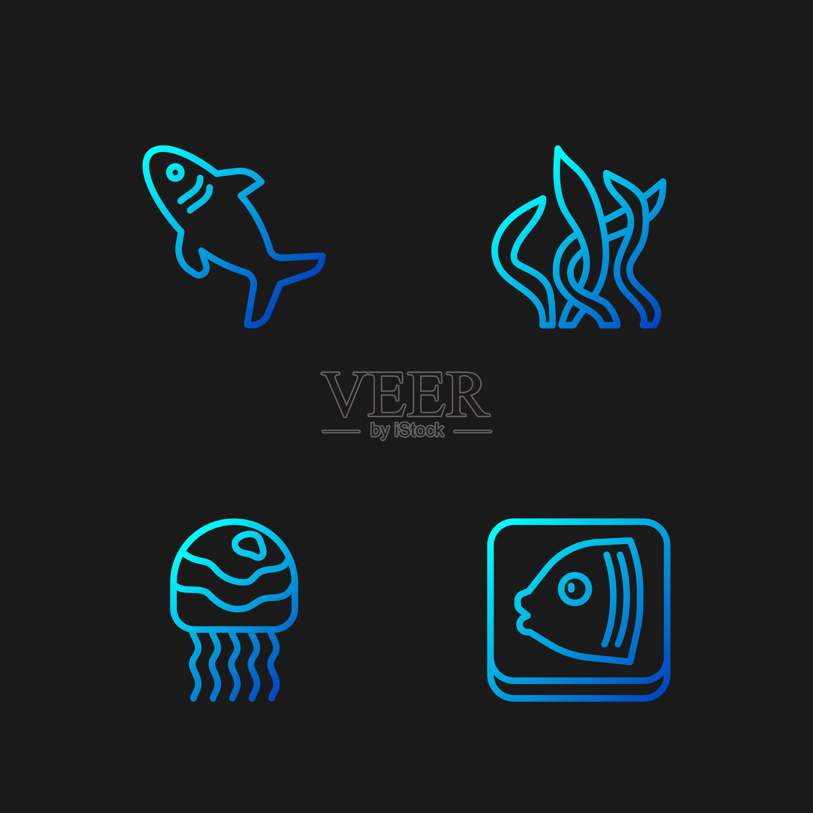 设置线鱼头水母鲨鱼和海藻插画图片素材