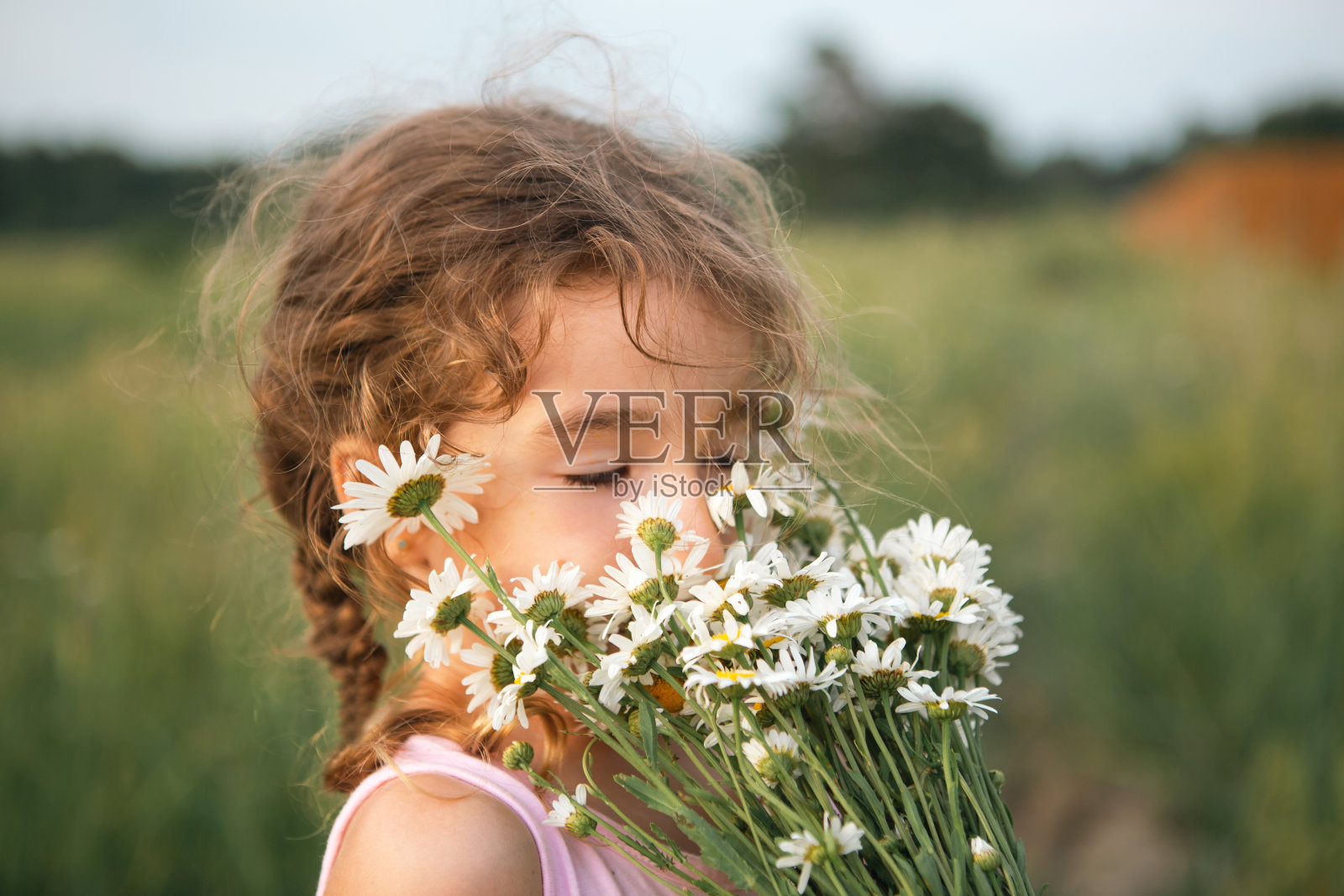 肖像可爱的孩子女孩与一束洋甘菊在夏天的绿色自然背景。快乐的孩子，藏着脸，没有脸，铺满鲜花。副本的空间。真实，乡村生活，环保照片摄影图片