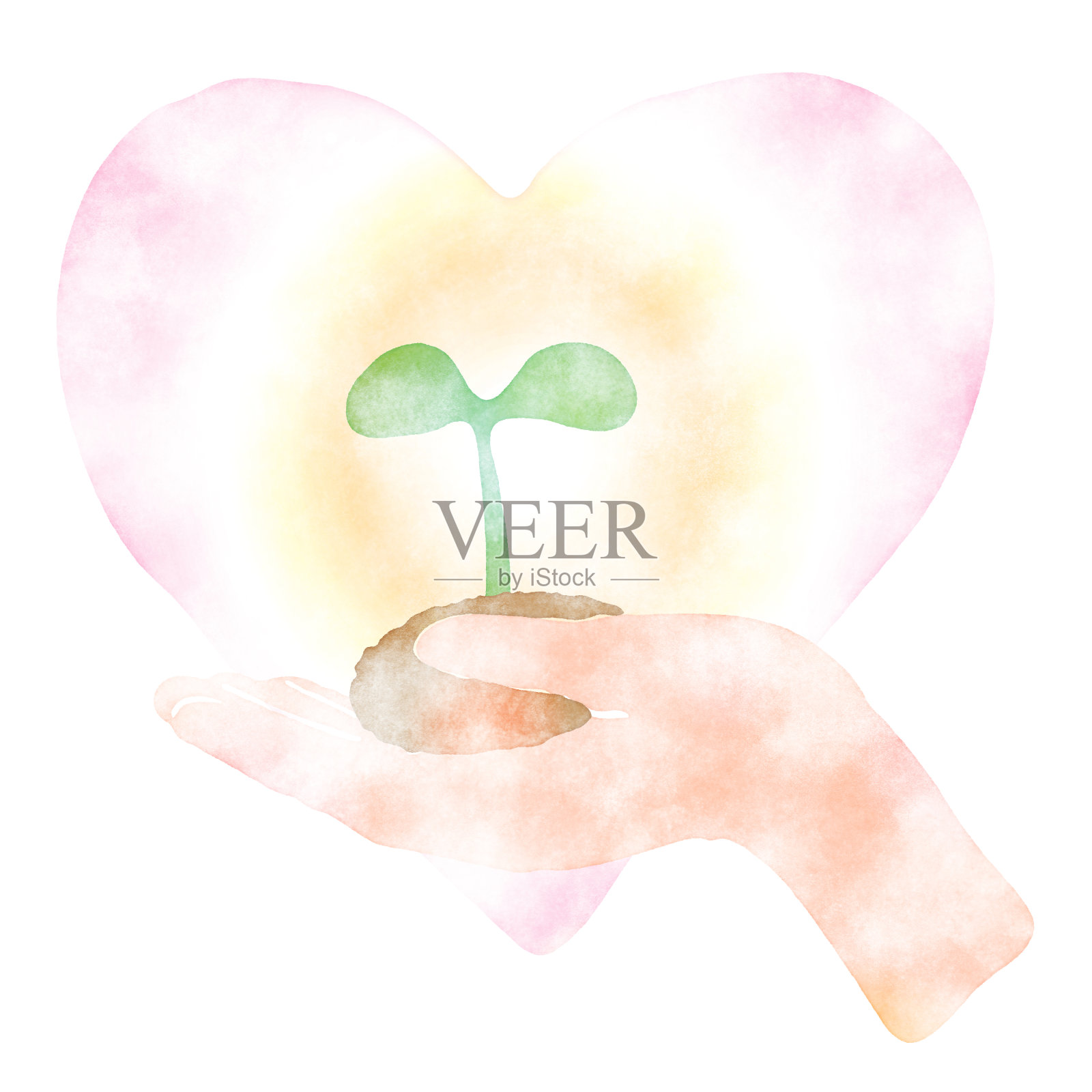 一个双叶在手和心背景，水彩纹理插画图片素材