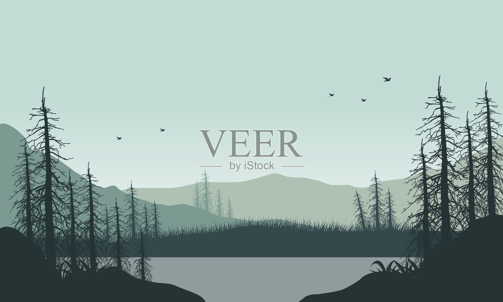 从河边眺望美丽的山景插画图片素材