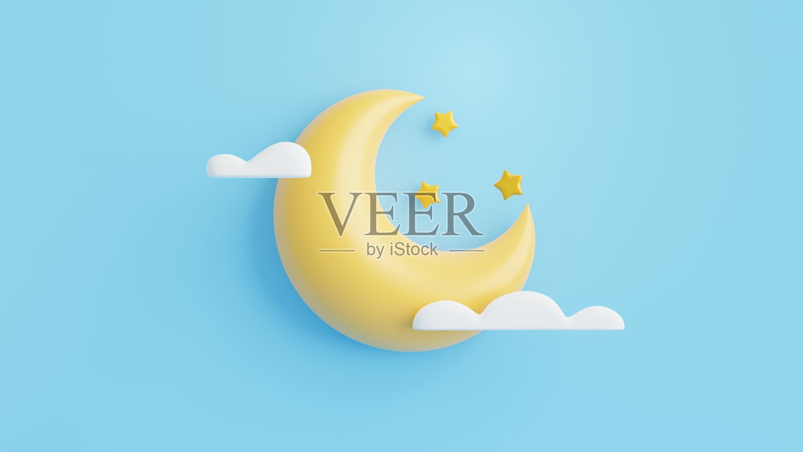 3D新月，星星和云彩的蓝色背景。带有复制空间的抽象最小场景。3 d渲染插图。照片摄影图片