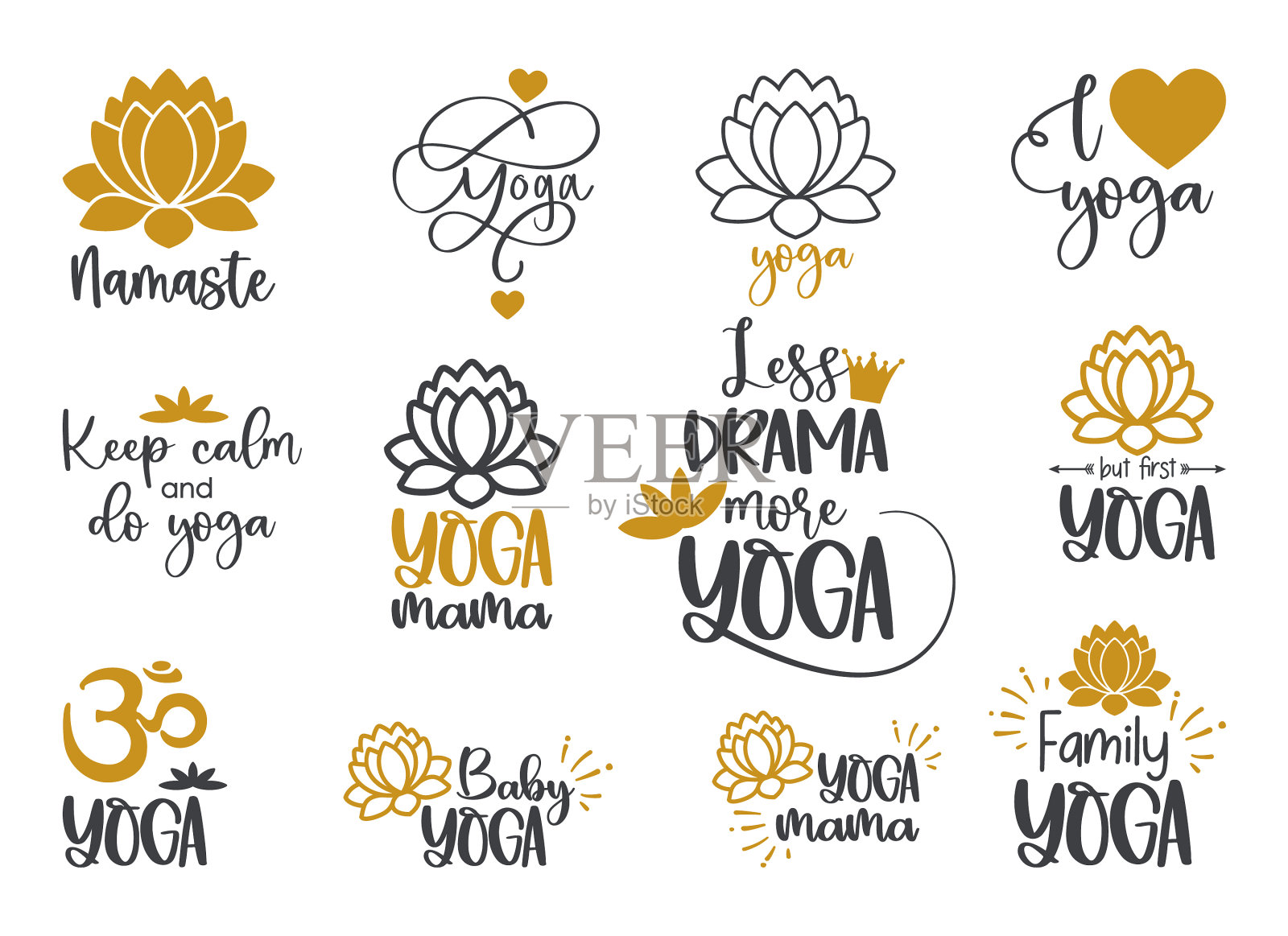 一套瑜伽符号和莲花铭文图标素材