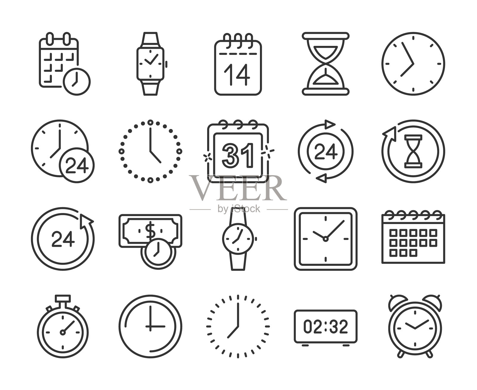 时钟图标时间和日期线图标设置可编辑图标素材