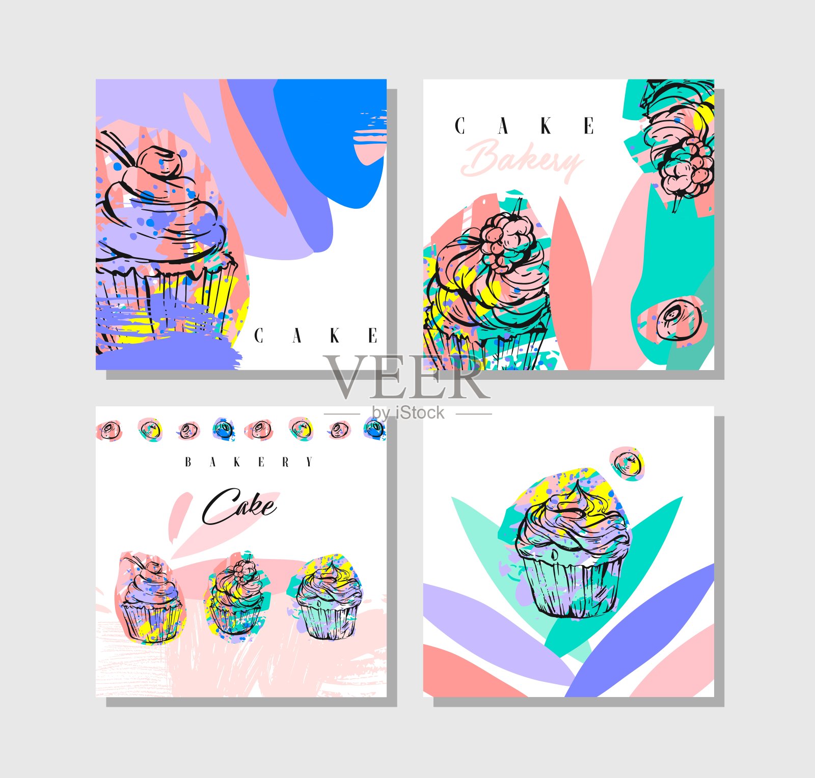 手绘矢量抽象卡片集合与拼贴纸杯蛋糕，徒手纹理，浆果和排版引用面包店蛋糕在粉彩孤立在白色背景。菜单、标签、标志插画图片素材