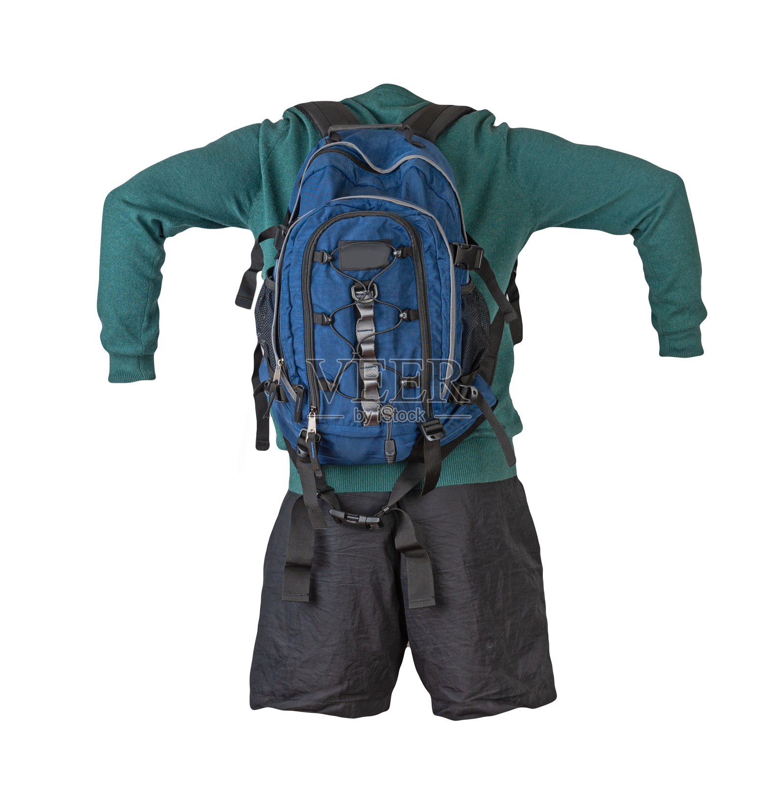 背包，短裤，毛衣孤立在白色背景。照片摄影图片