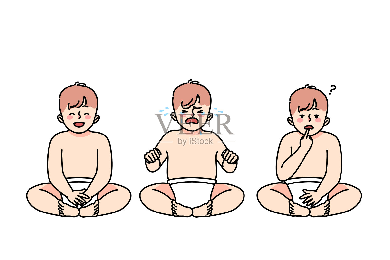 穿着尿布的宝宝，有着不同的情绪插画图片素材