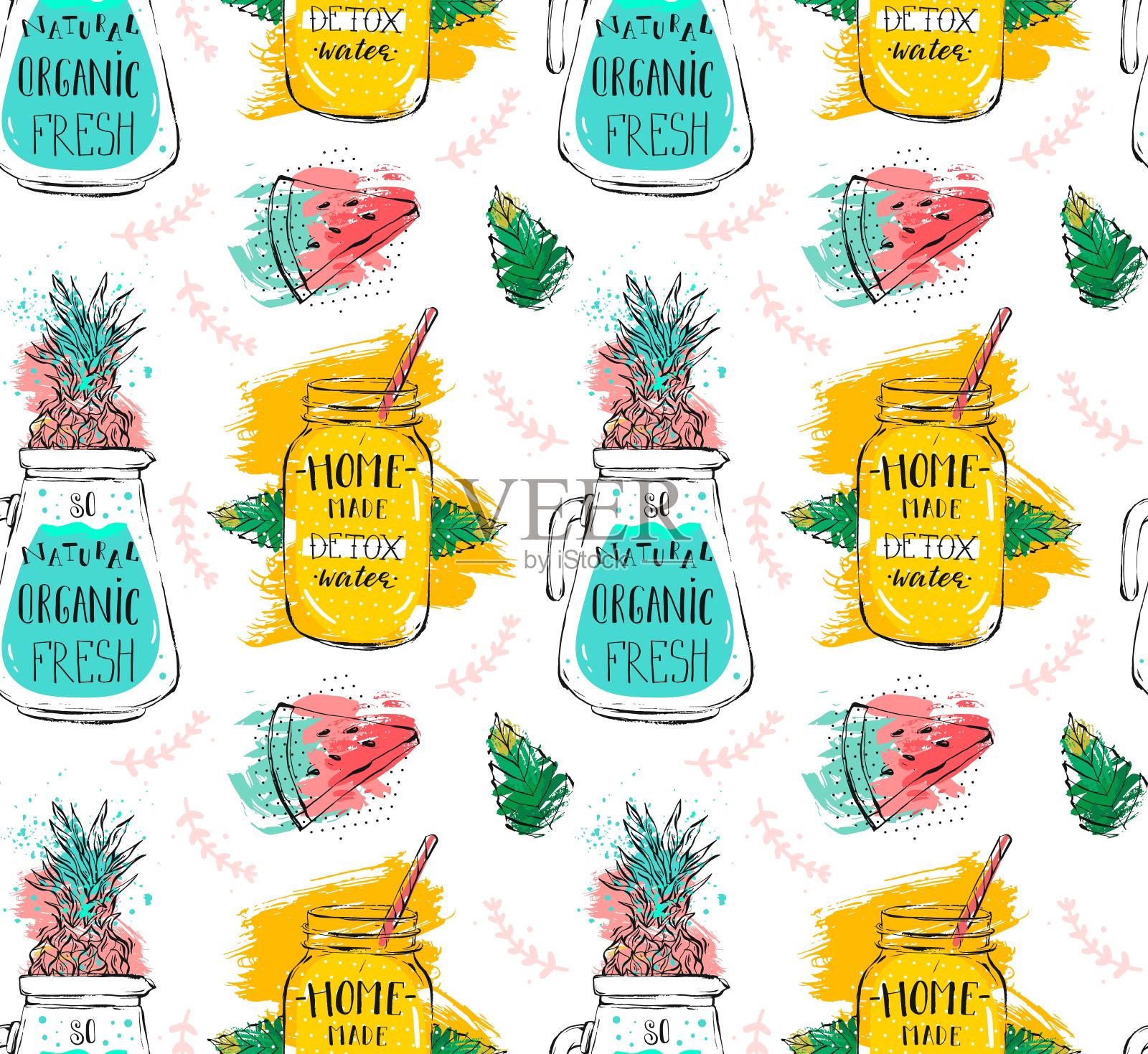 手绘矢量抽象有趣的夏季柠檬水排毒水无缝图案西瓜，早午餐，菠萝和玻璃罐与鸡尾酒隔离在白色背景。菜单，标志，标志，业务。插画图片素材