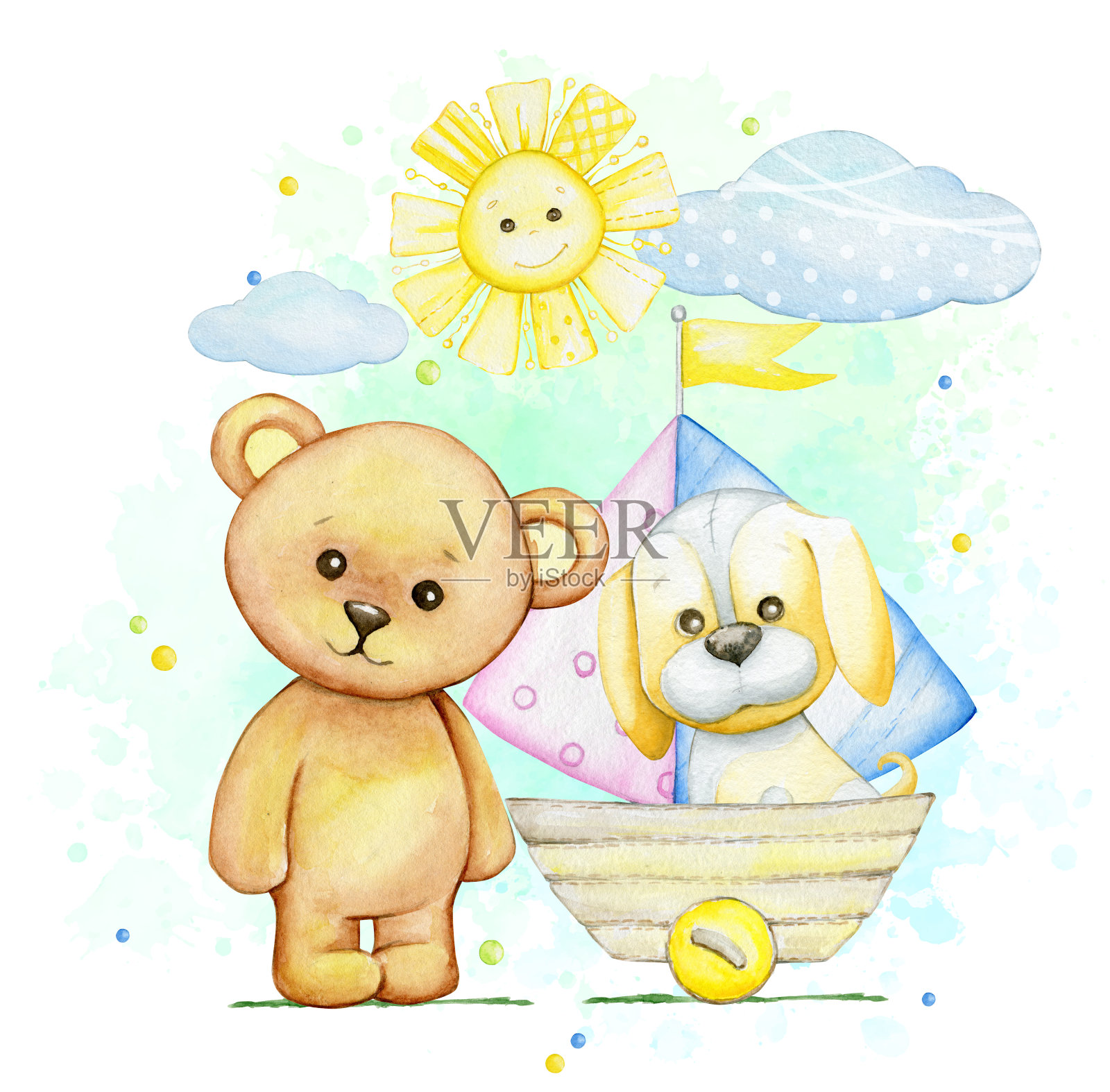 一只小熊，一只小狗。水彩剪贴画，在一个孤立的背景。插画图片素材