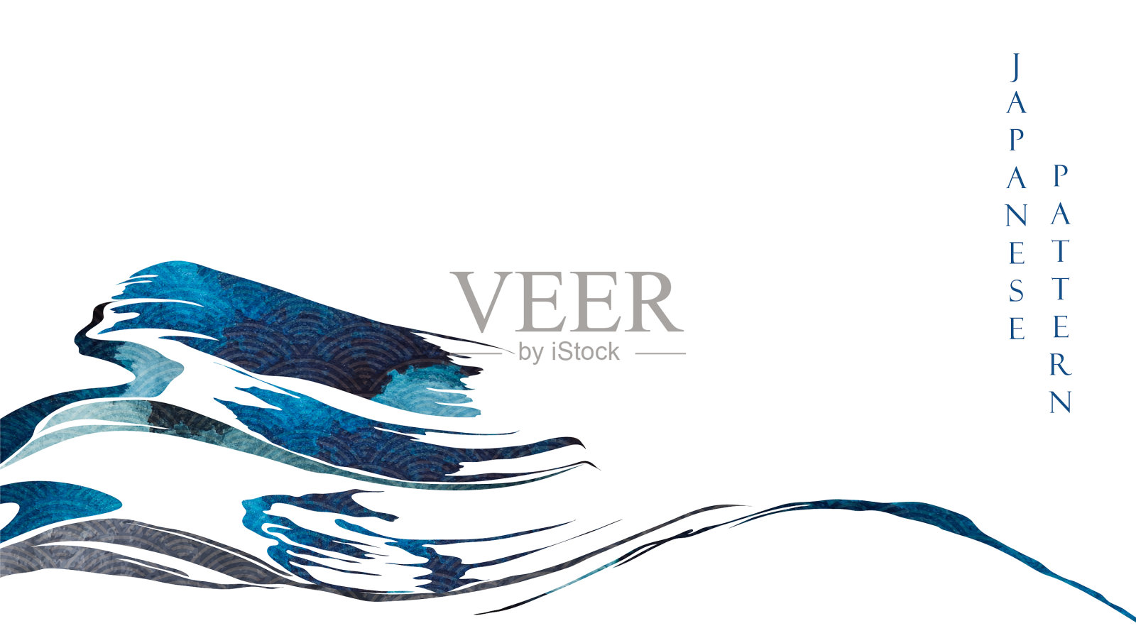 蓝色笔触纹理与日本波浪插画图片素材