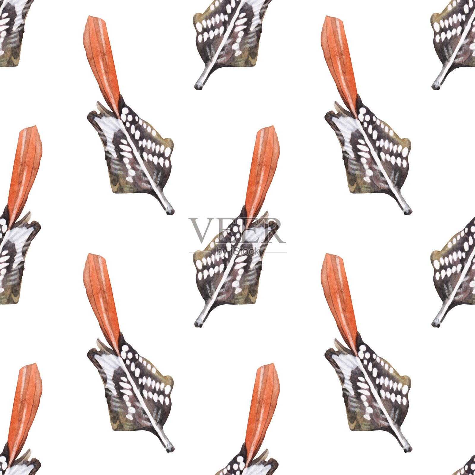 无缝图案水彩棕色和橙色鸟类羽毛与条纹隔离在白色背景。手绘羽。热带野生动物的艺术。用于贴纸墙纸的包装。庆祝婚礼的邀请插画图片素材