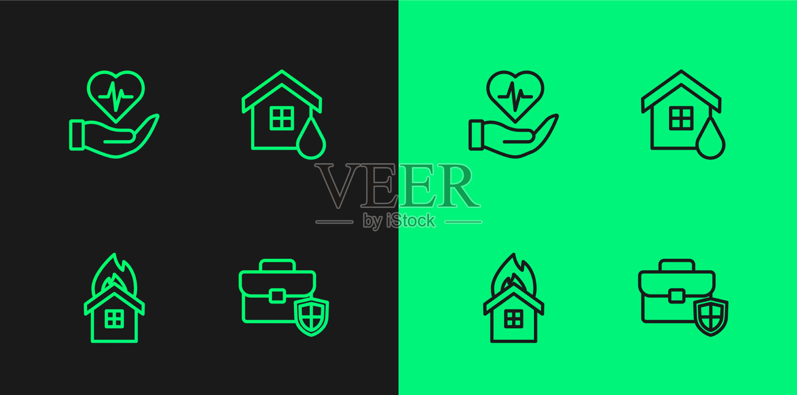 设置线公事包与盾火在燃烧图标素材