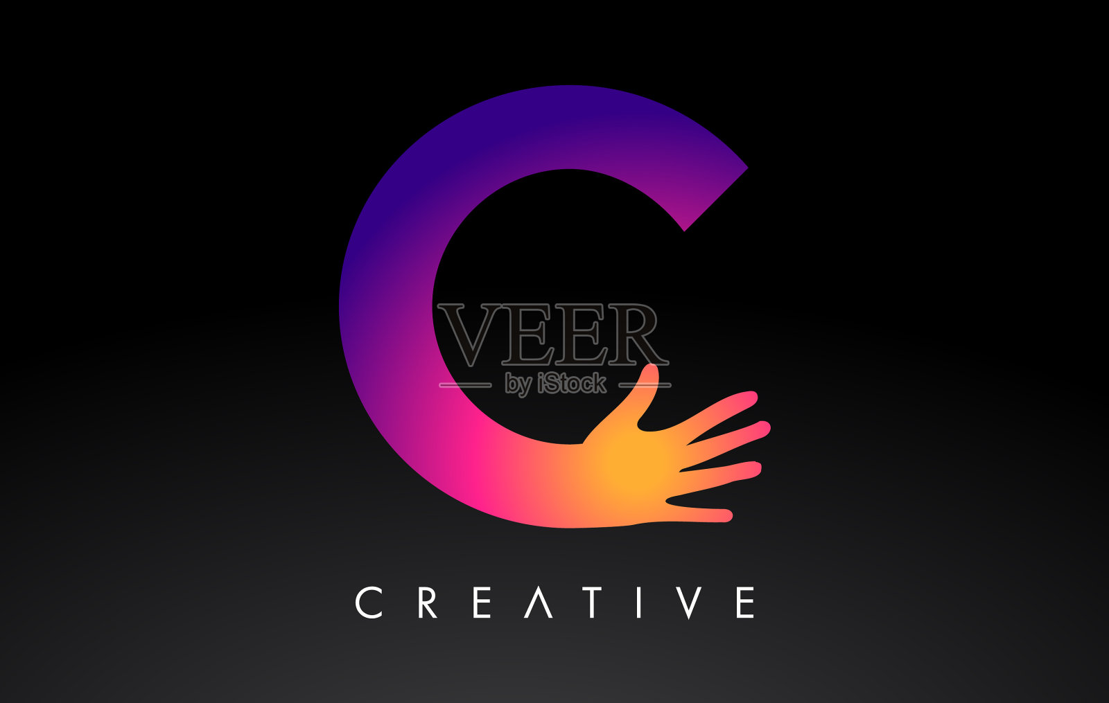 紫色字母c标志与手剪影图标插画图片素材