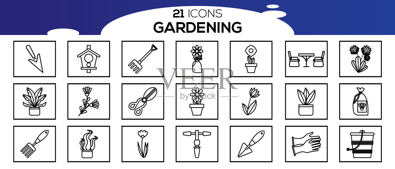 简单的一套园艺相关的线条图标图标素材