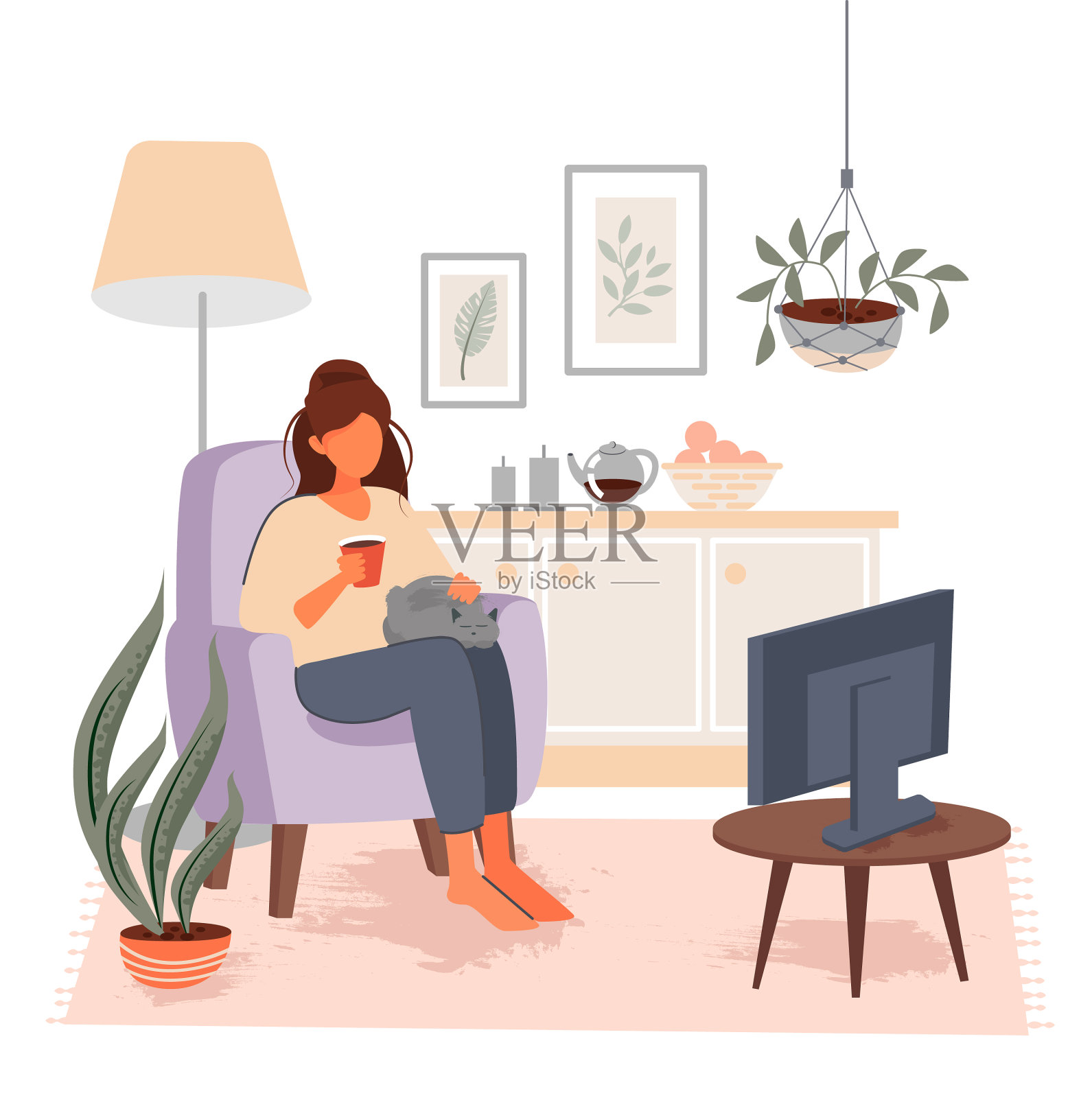 一个女孩坐在扶手椅上看电视设计元素图片