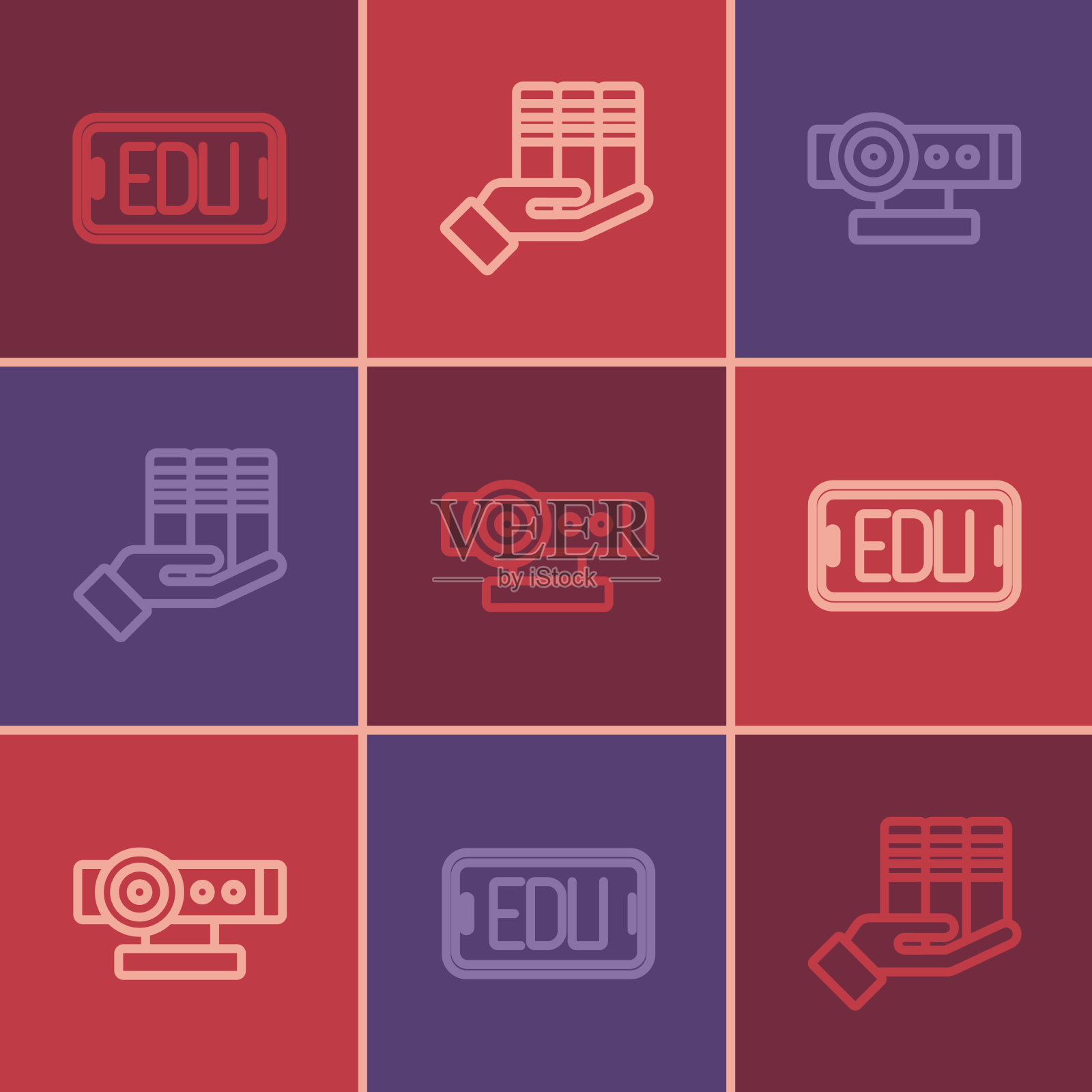 设置在线教育网络相机和书籍图标素材