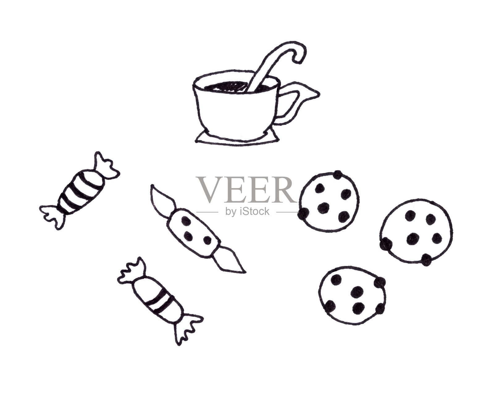 插图黑色和白色茶具与糖果和饼干孤立在白色背景设计元素图片