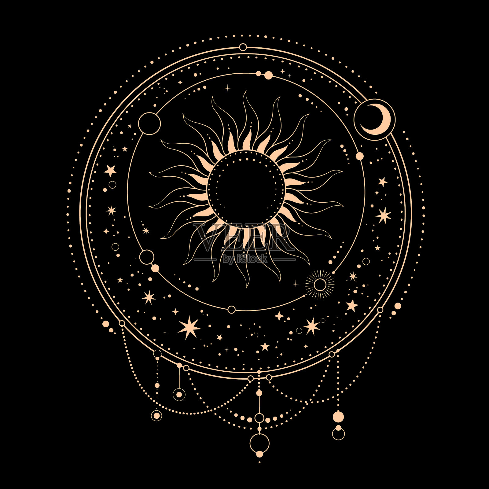 圆而深奥的太阳和恒星组成插画图片素材