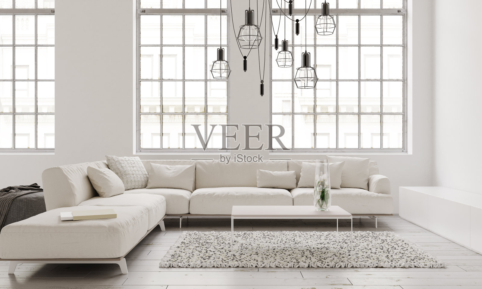 室内客厅现代风格，白色沙发加窗背景。三维演示照片摄影图片