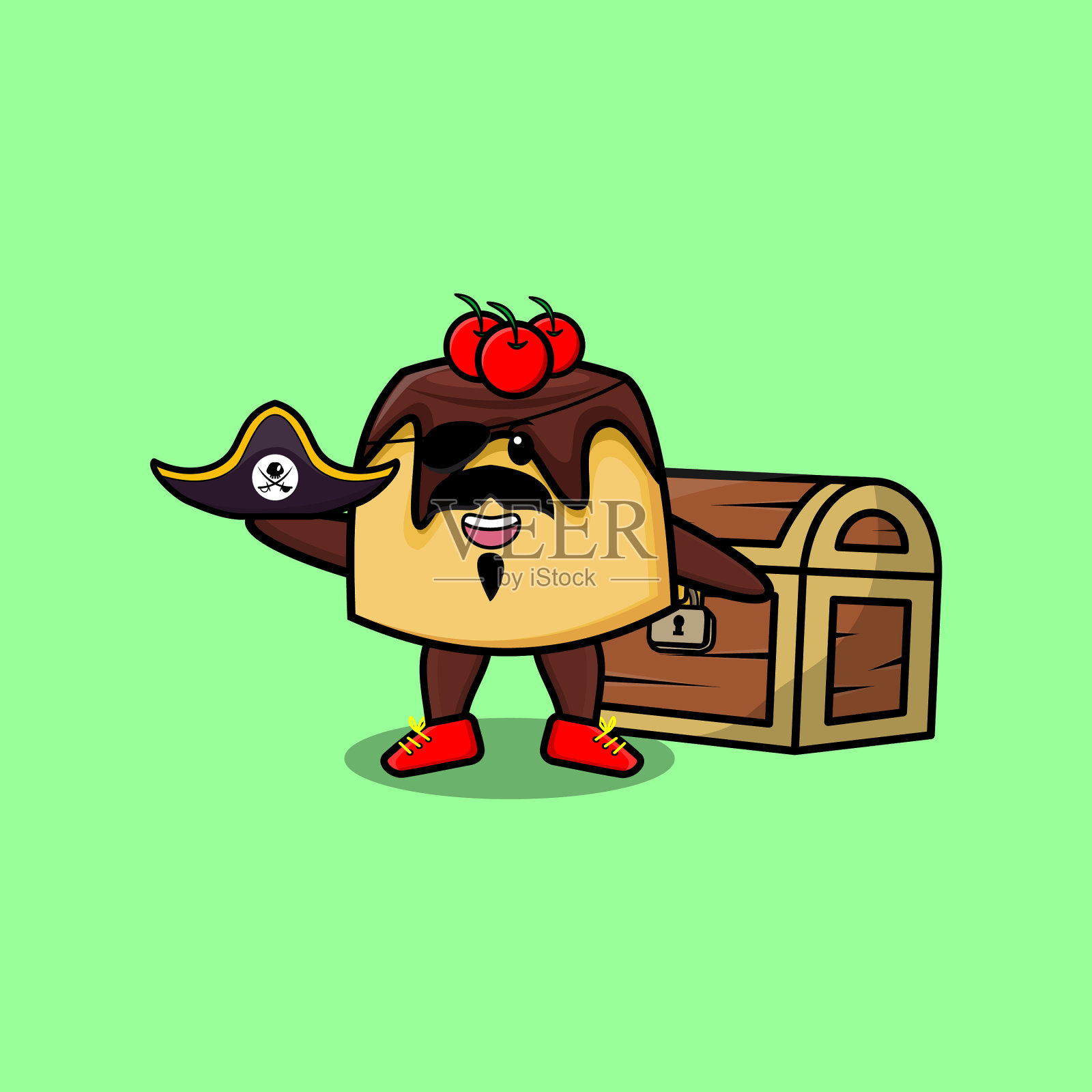 可爱的卡通蛋糕海盗与宝盒插画图片素材