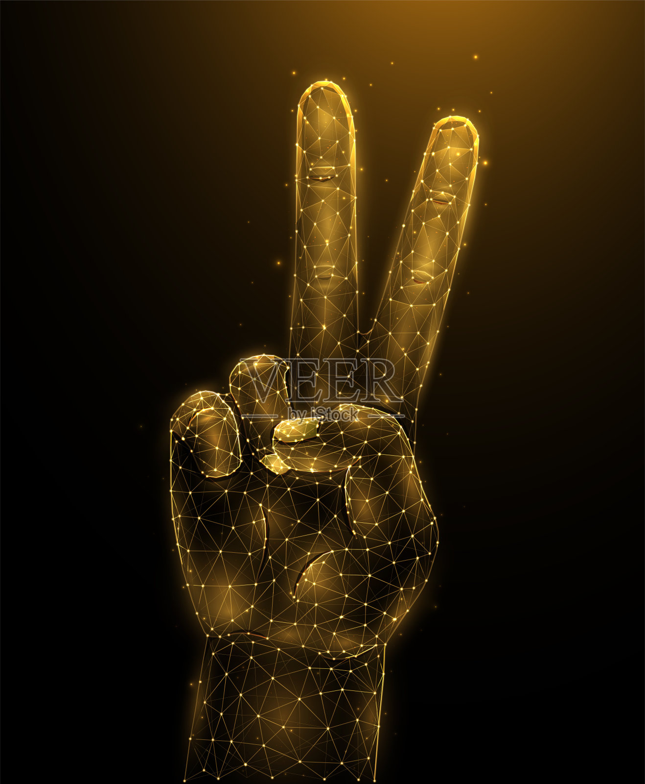 在黑色背景上展示和平或胜利手势的抽象矢量插图。手与两个手指上低多边形设计。和平主义的概念。未来主义旗帜或背景。插画图片素材
