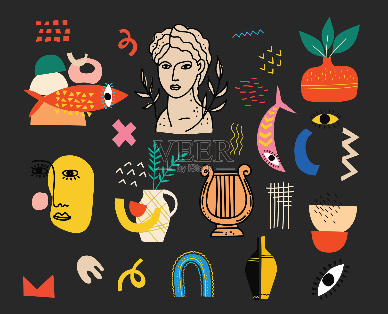 古希腊神话中各种各样的古代雕像插画图片素材