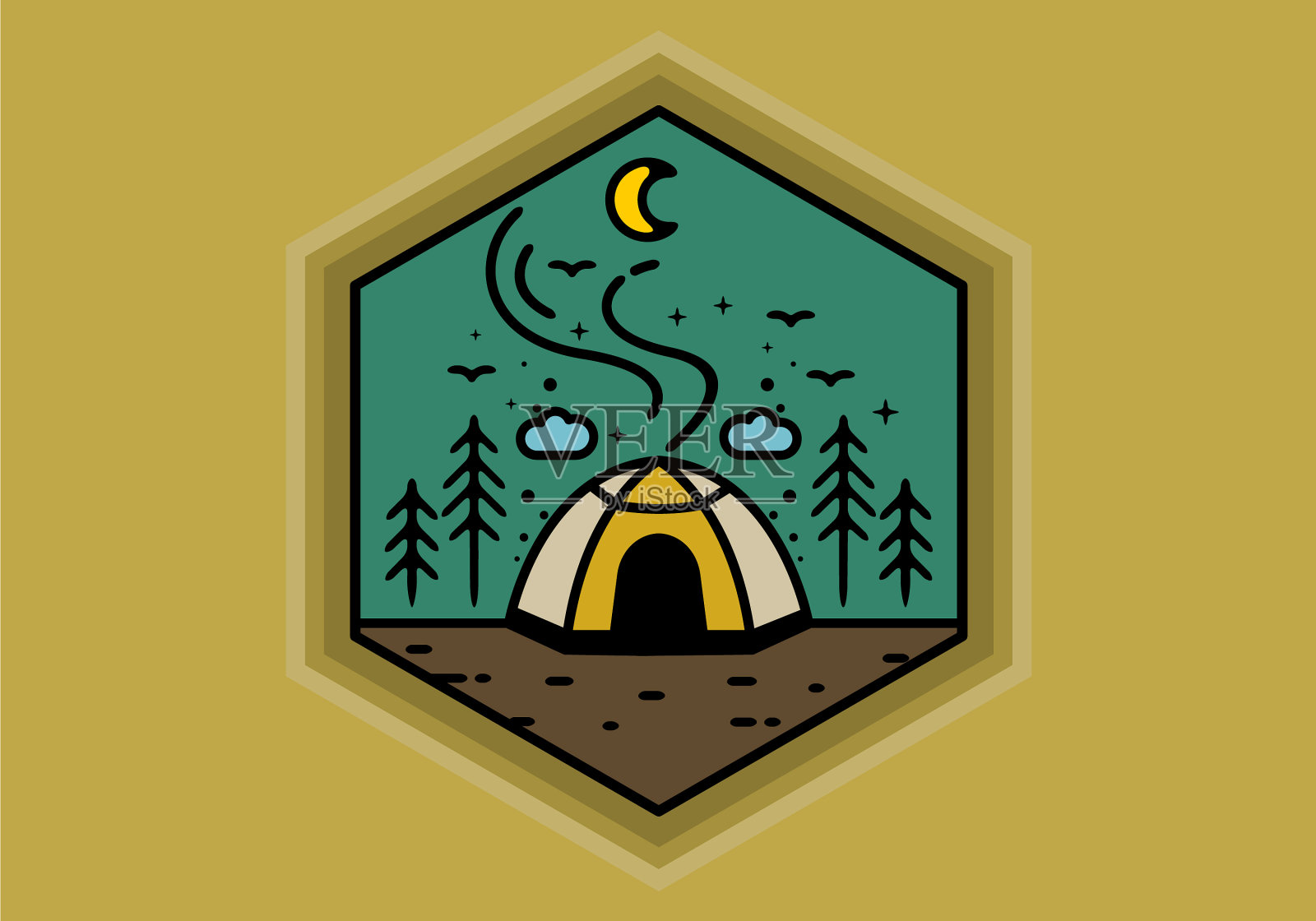 彩色帐篷露营线艺术徽章插画图片素材