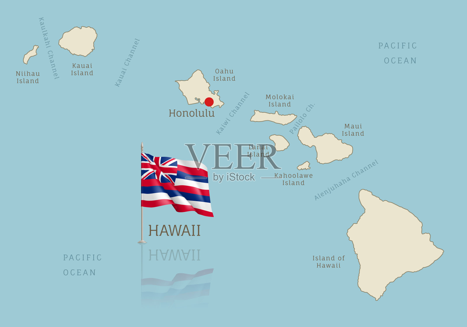 美国夏威夷州地图，国旗飘扬插画图片素材