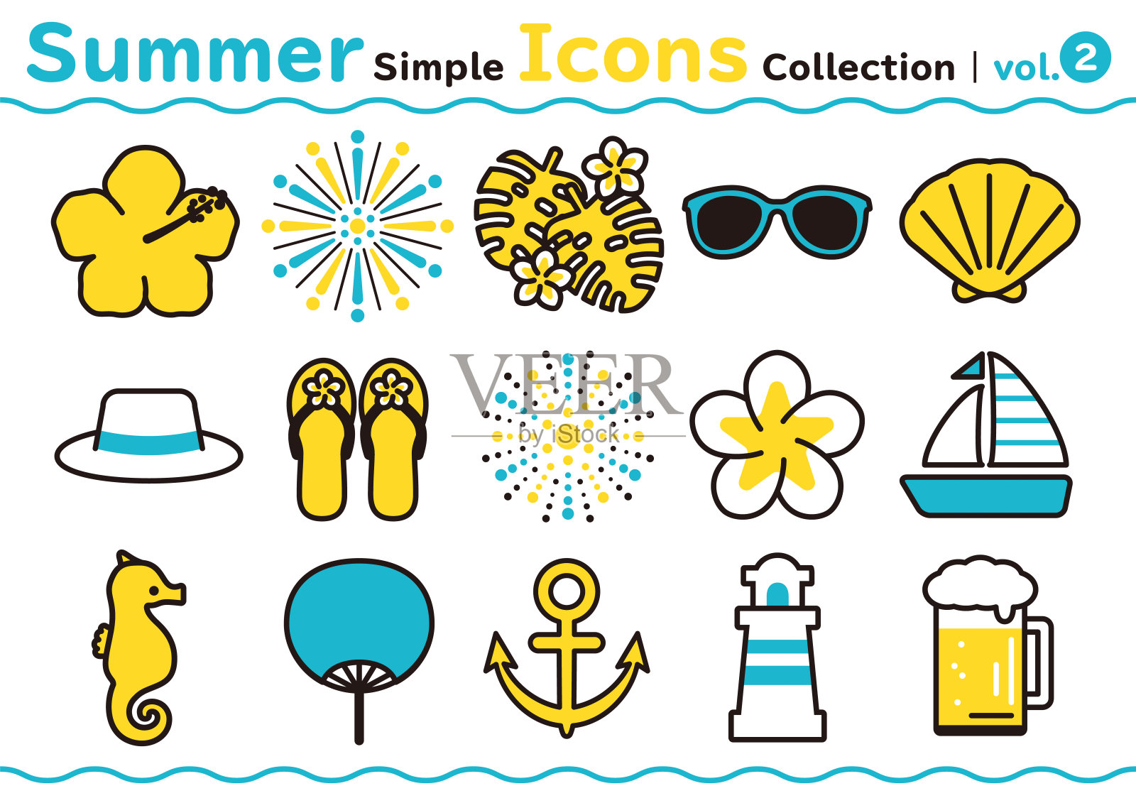 可爱的图标设置与夏天的形象。第二部图标素材