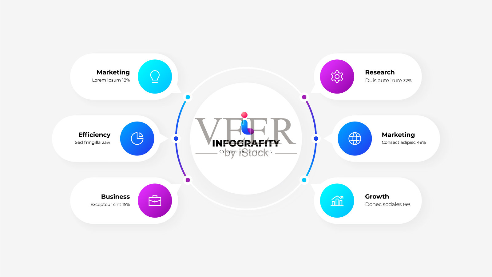 流程图信息图业务模板。中间有六个圆圈。向量信息图形设计插图6个步骤设计模板素材