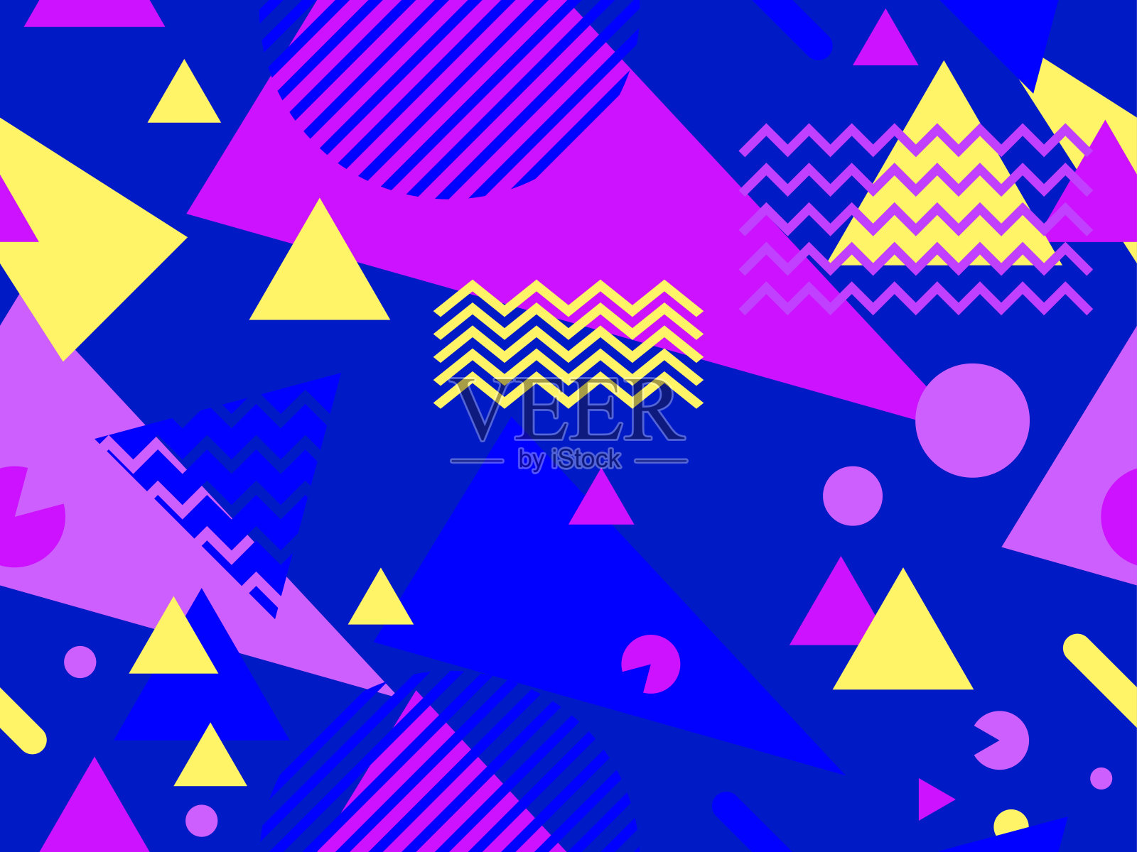 80年代风格的几何无缝图案。背景与彩色几何形状。促销产品的设计、包装纸及印刷。矢量图插画图片素材