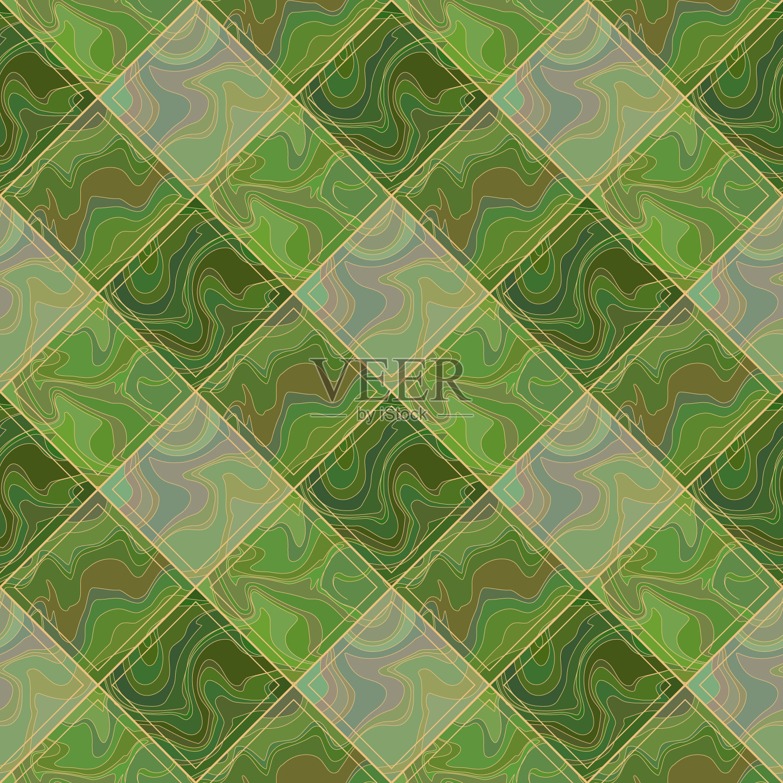 抽象的几何无缝图案。绿色菱形瓷砖镶金边，充满流动的波浪质感插画图片素材
