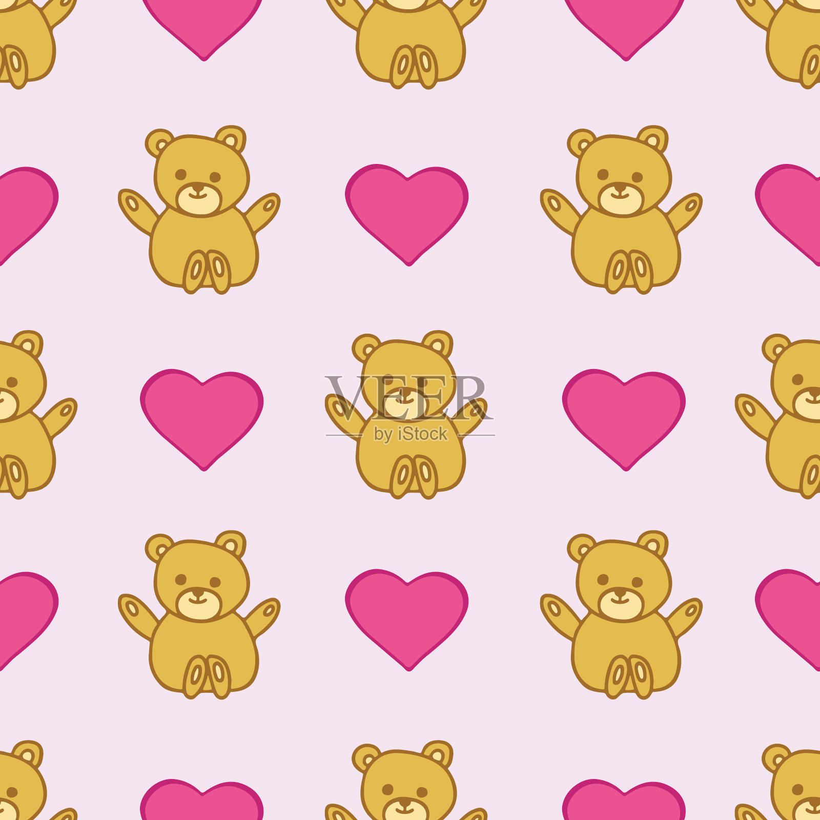 黄色泰迪熊和粉色心形无缝图案。设计元素图片