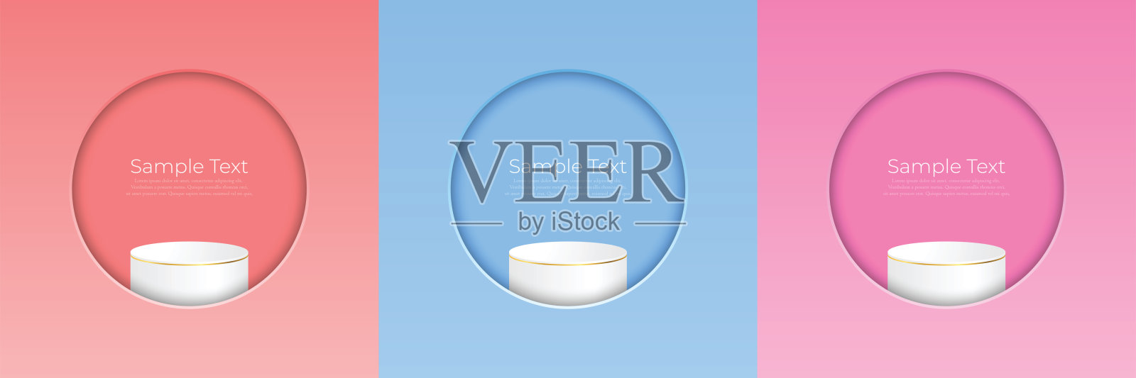 柔和的极简主义场景设置几何形状。红蓝色粉红色背景与白色裙台美丽的黄金边界三维矢量背景裙台渲染化妆品站三维矢量插图设计模板素材