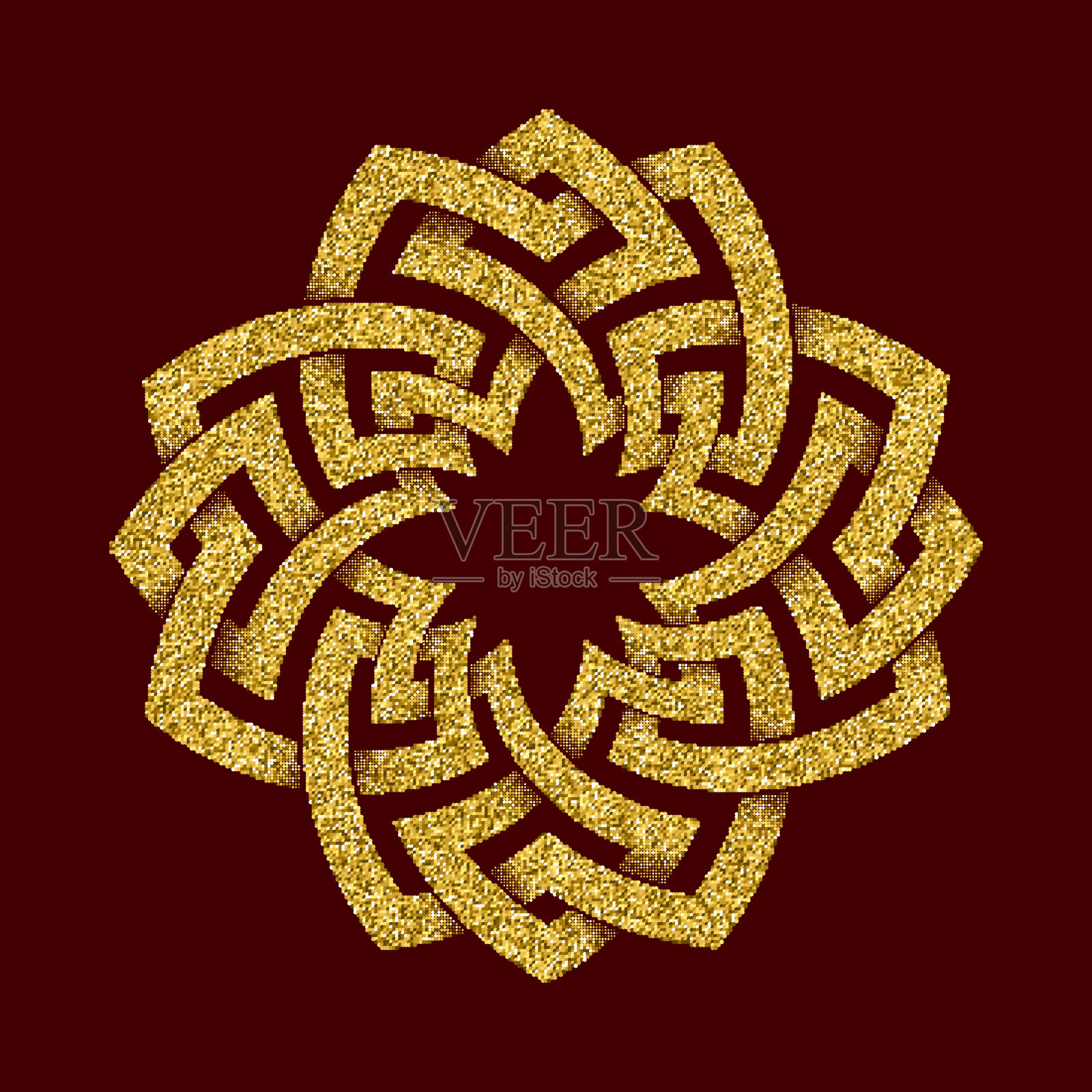 金光闪闪的标志在凯尔特结风格在暗红色的背景。十字形的象征。黄金饰品，用于首饰设计。插画图片素材