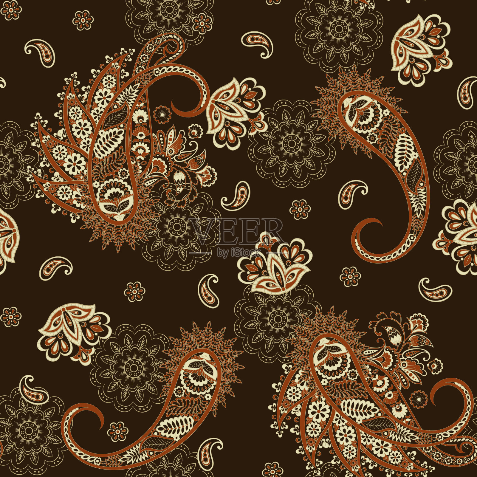 佩斯利矢量无缝图案。神奇的花,叶子。纺织波希米亚打印。蜡染画。古董插画图片素材