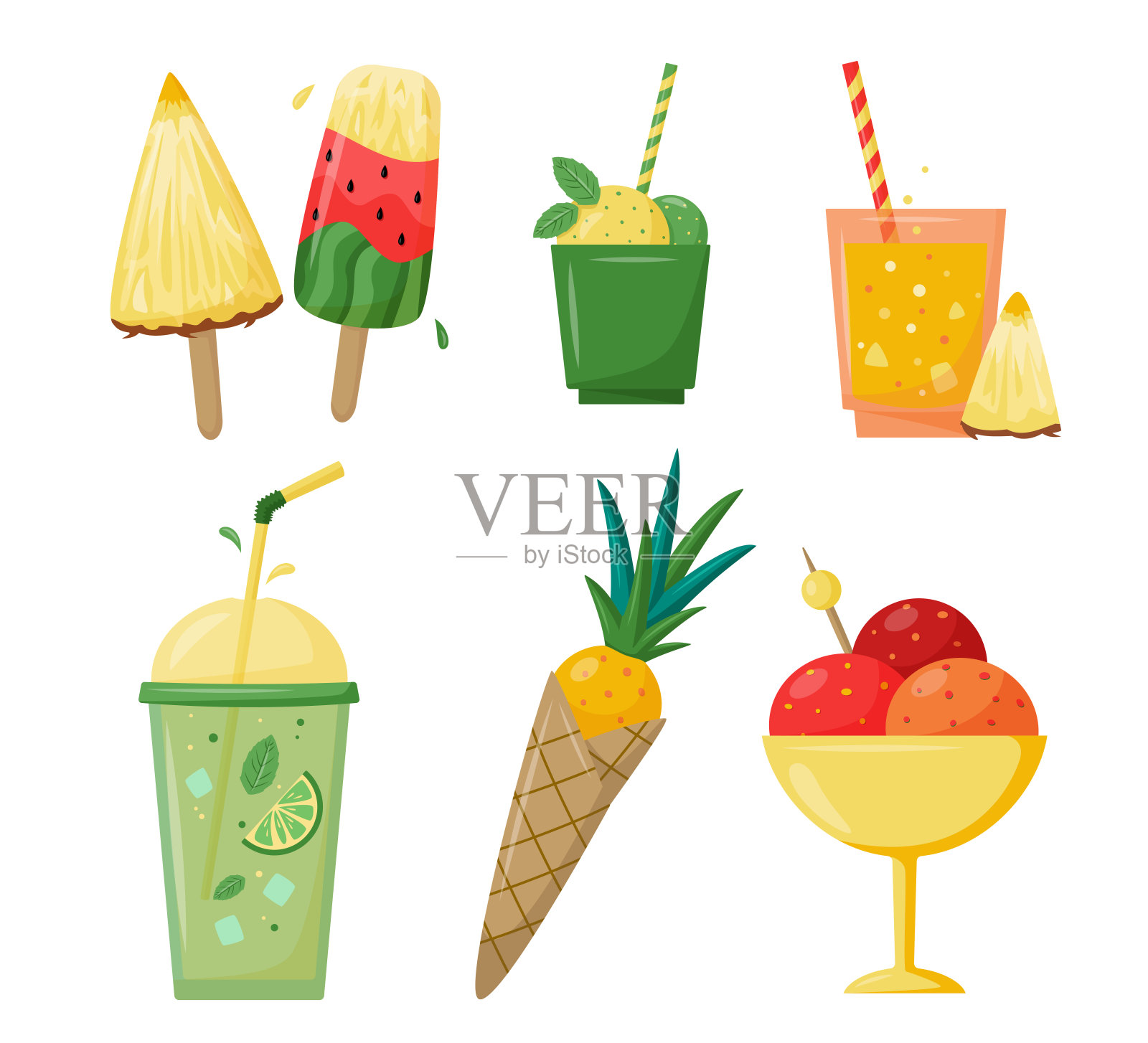 夏天的饮料和冰淇淋。一套贴纸，补丁，徽章，别针。明亮的夏天收集。剪贴簿元素的海滩派对，咖啡馆或酒吧菜单。孤立在白色的。插画图片素材