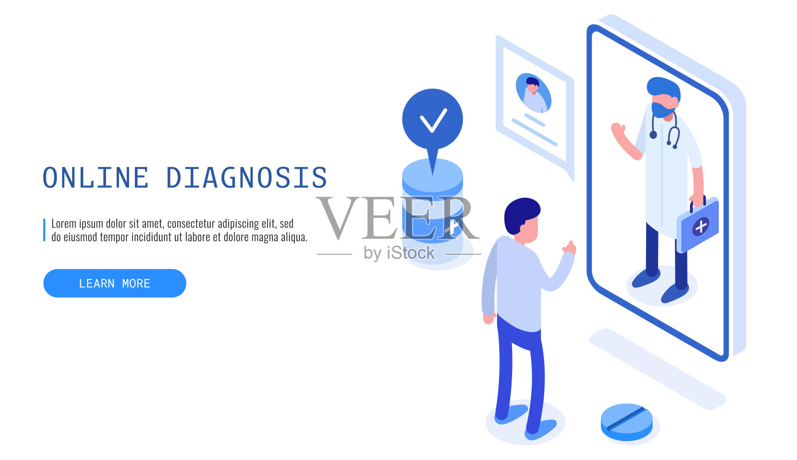 在线诊断的概念。男性患者上网咨询医生。网页横幅。矢量插图。插画图片素材
