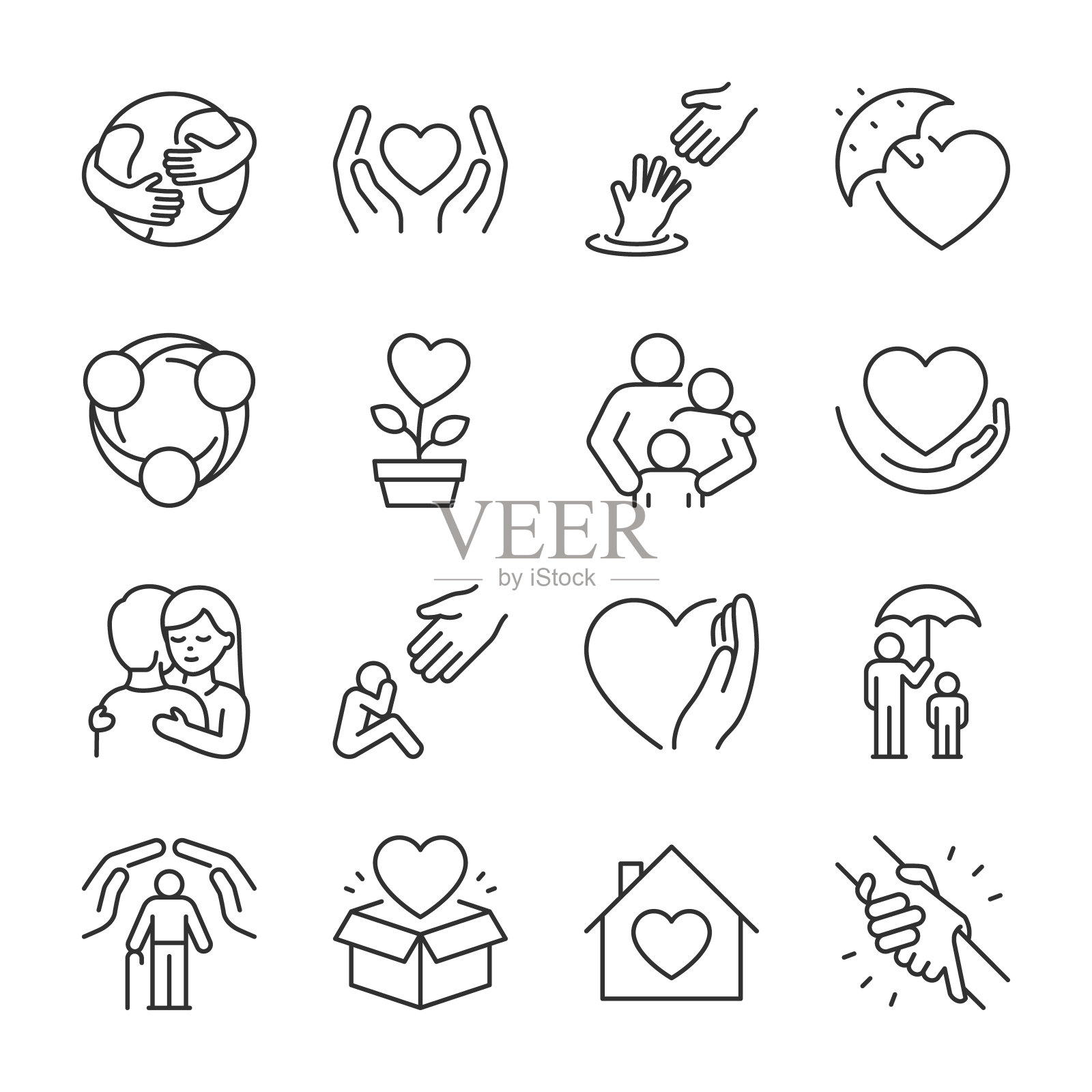 爱护、支持图标设置。在生活困难的情况下提供帮助，图标收藏。援助之手，心，保持活力，拥抱。线条与可编辑的笔画图标素材