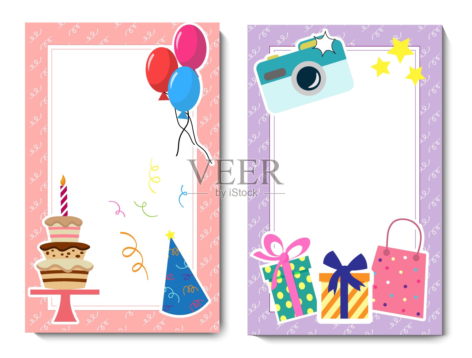 节日卡模板。节日属性-蛇，蛋糕，礼物和气球。矢量插图。插画图片素材