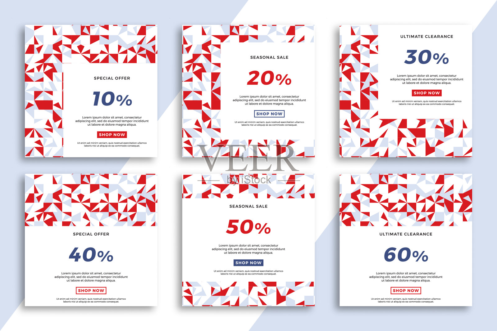 一组具有抽象几何图案的方形广告网页横幅。爱国销售和折扣促销背景的社交媒体移动应用程序。矢量编辑背景EPS 10插画图片素材